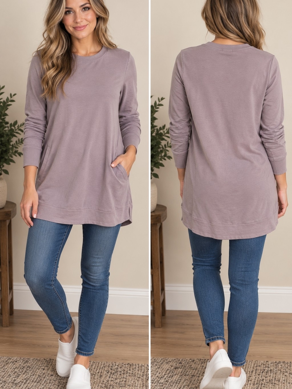 Athleta M/P Mauve Long Sleeve Tunic Sweatshirt Pullover Pockets Cozy Casual